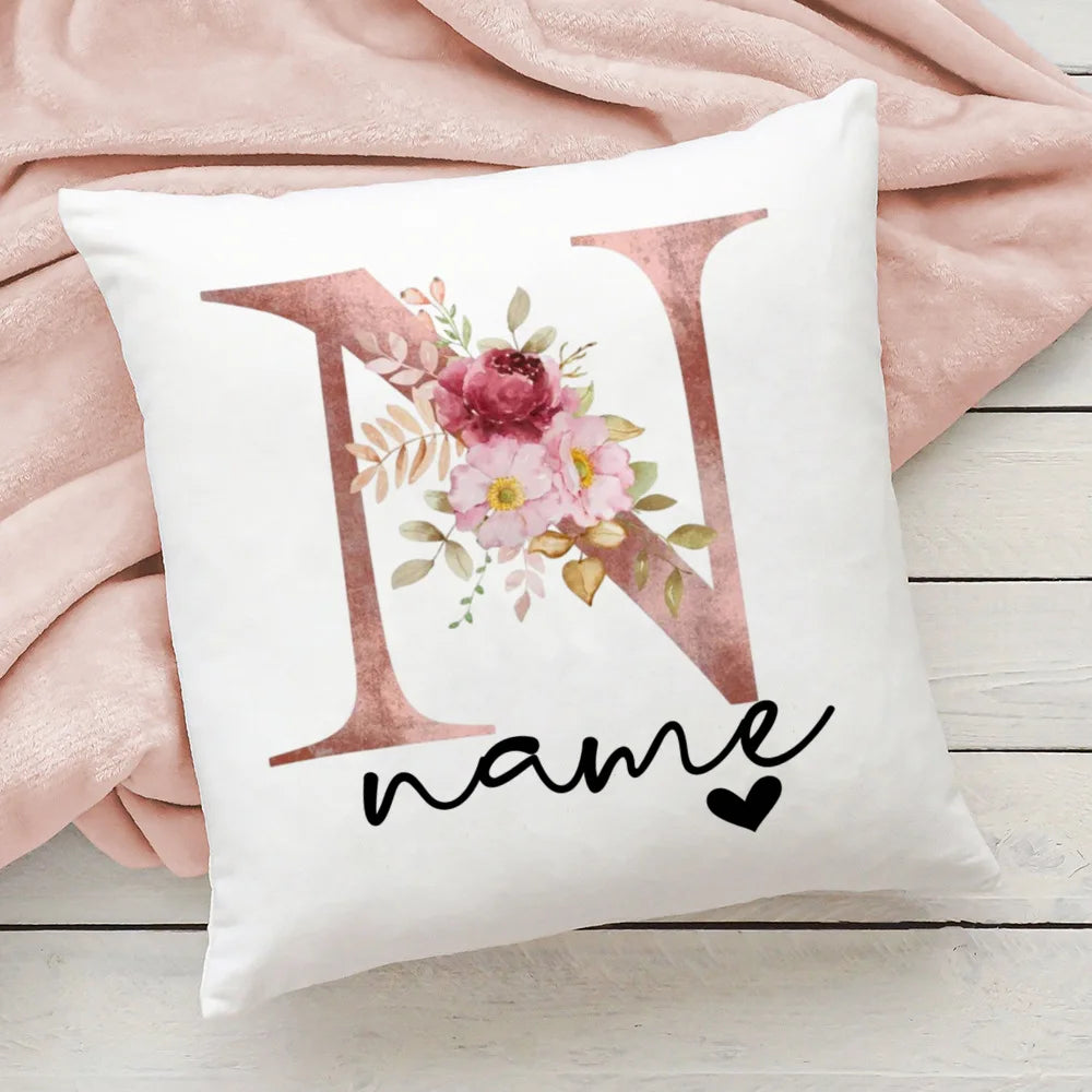 taie d'oreiller motif floral rose lettres initiales respectueux environnement moderne blanc