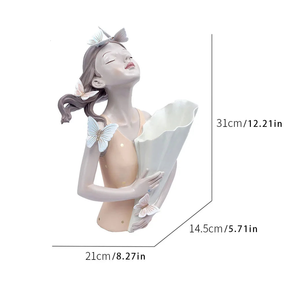 statue décorative moderne résine beige rose vert gris texture mat détails sculptés bouquet artificiellements