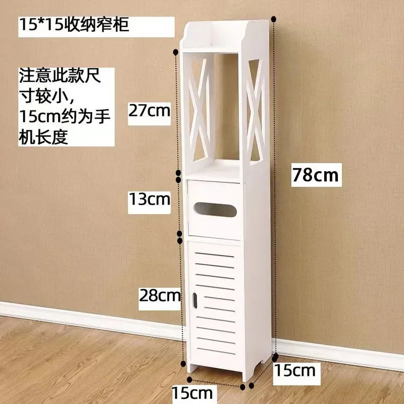 meuble rangement blanc lattes verticales moderne petite plante papier toilette clorox boite geometrique 80cm