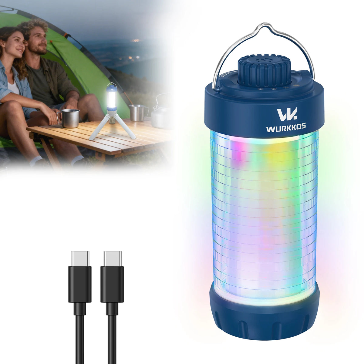 lanterne led portable rechargeable bleu rouge vert blanc transparent moderne compact camping aimant corde