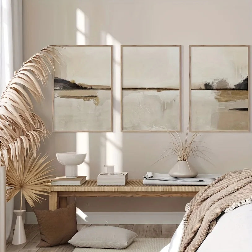 toiles d'art abstraites contemporaines beige noir gris cadre bois salon moderne decoration chambre
