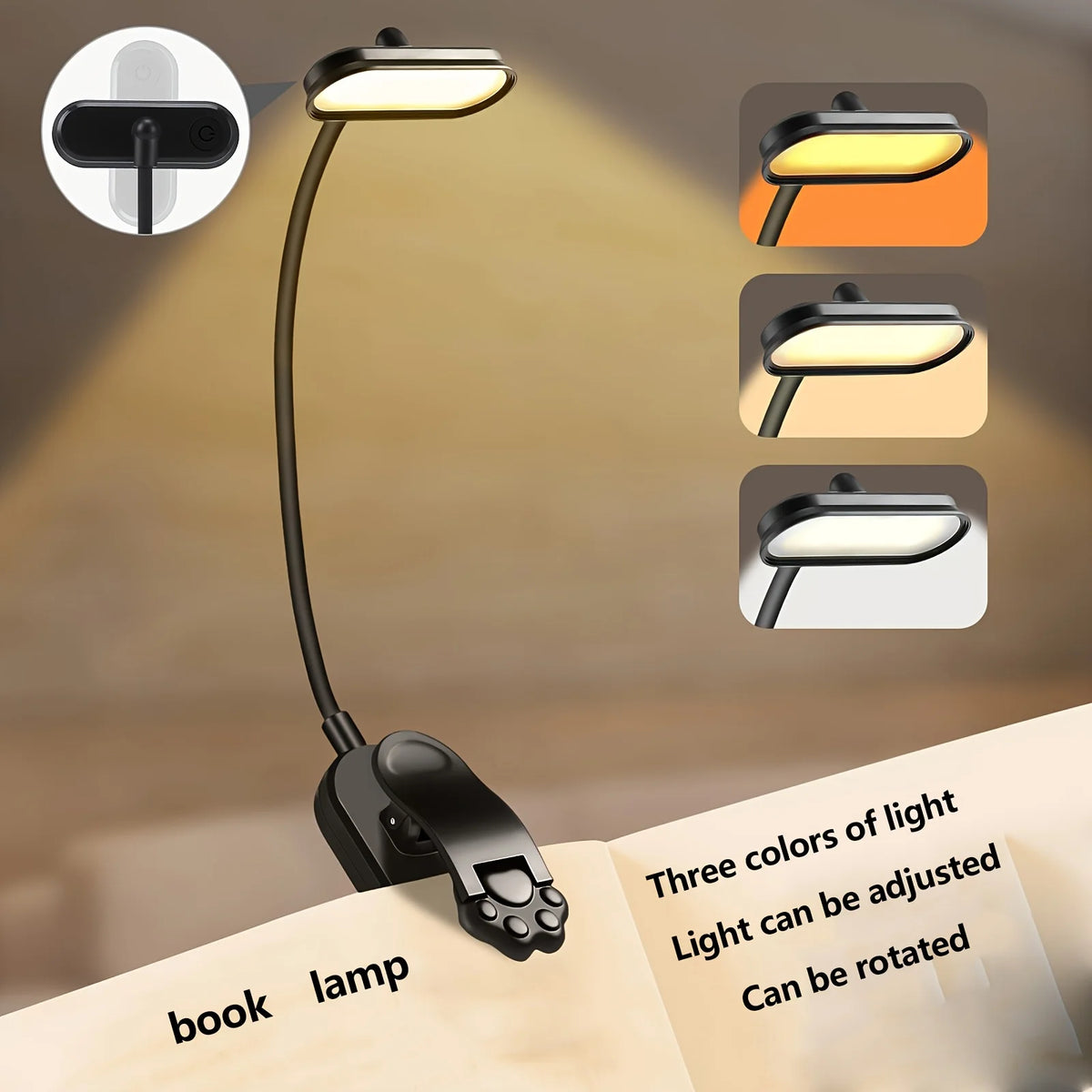 lampe lecture led rechargeable usb niveaux luminosite clip portable moderne blanc