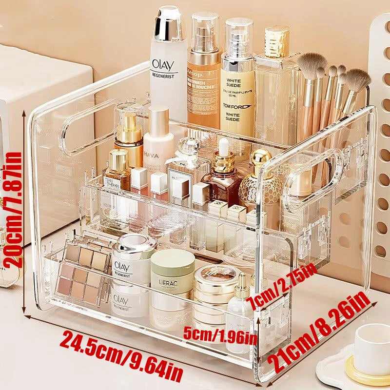 organisateur maquillage transparent acrylique moderne niveaux rangement palette fards poignées cosmétiques salle bain
