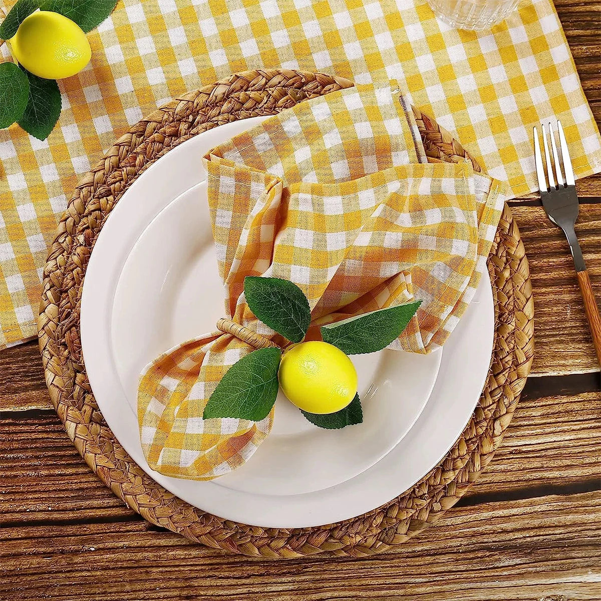 serviettes table jaune blanc carreaux classiques opaques ruban maison restaurant pack six
