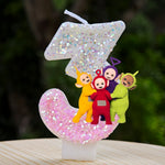 bougies décoratives teletubbies anniversaire enfant blanc rose pailletées brillantes multicolores personnages