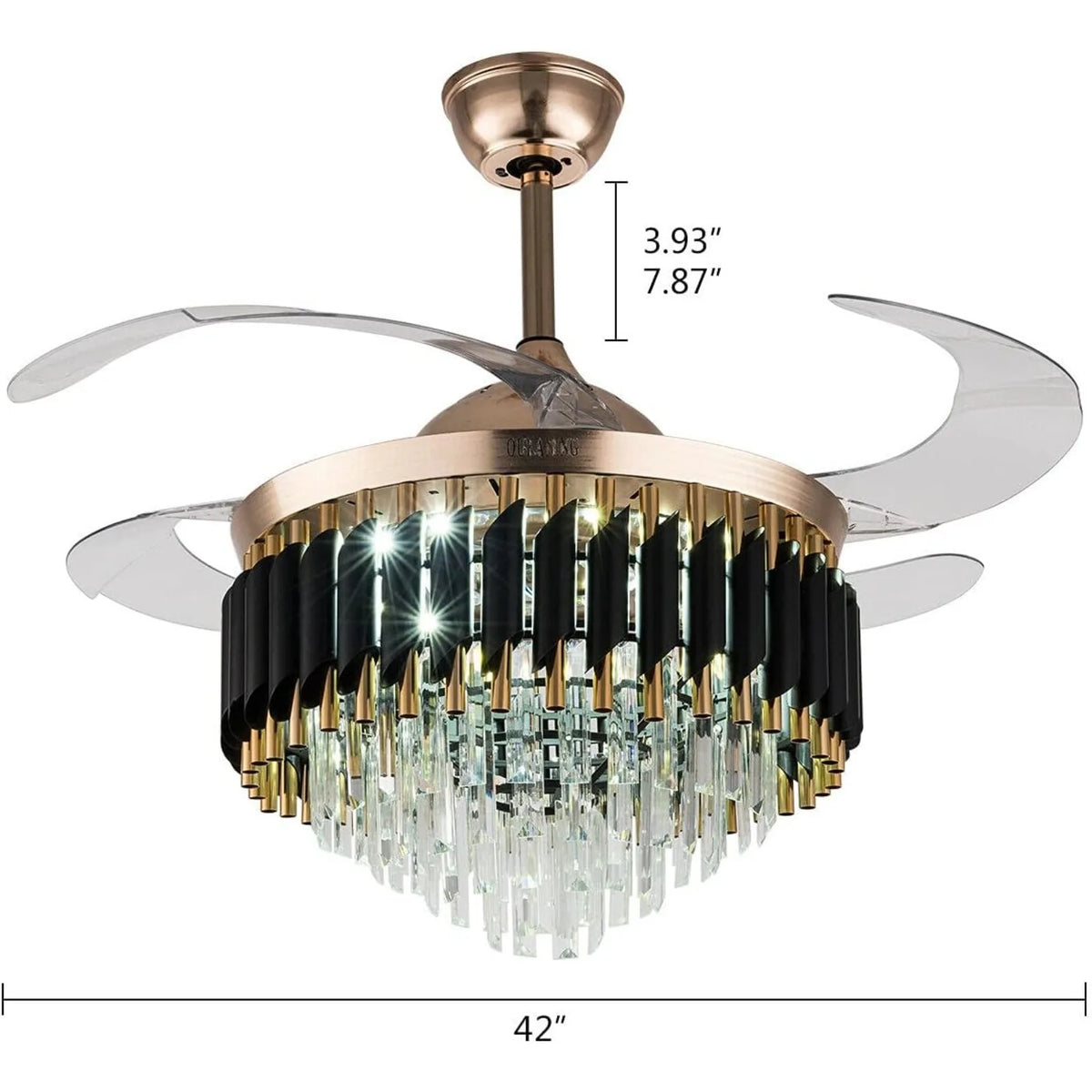ventilateur cristal lumineux led pales rétractables noir doré moderne télécommande