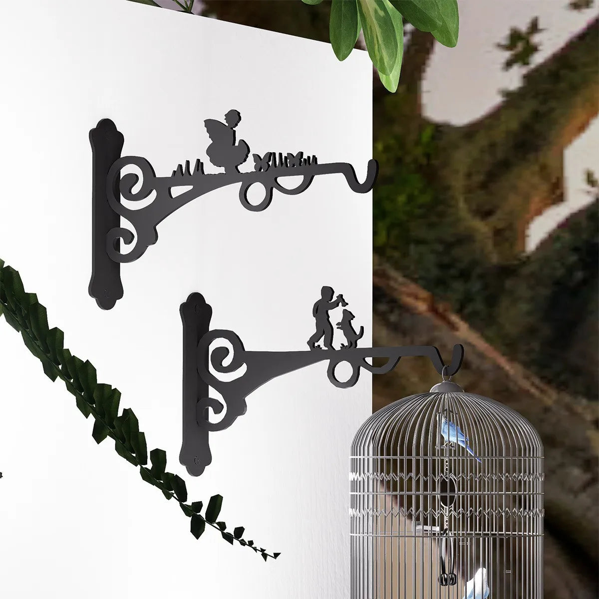 support mural décoratif artisanal oiseaux branches motifs floraux vintage équerre suspendue pot fleur balcon