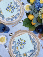 serviette table lin blanc broderie fleurs bleues jaunes décoration mariage
