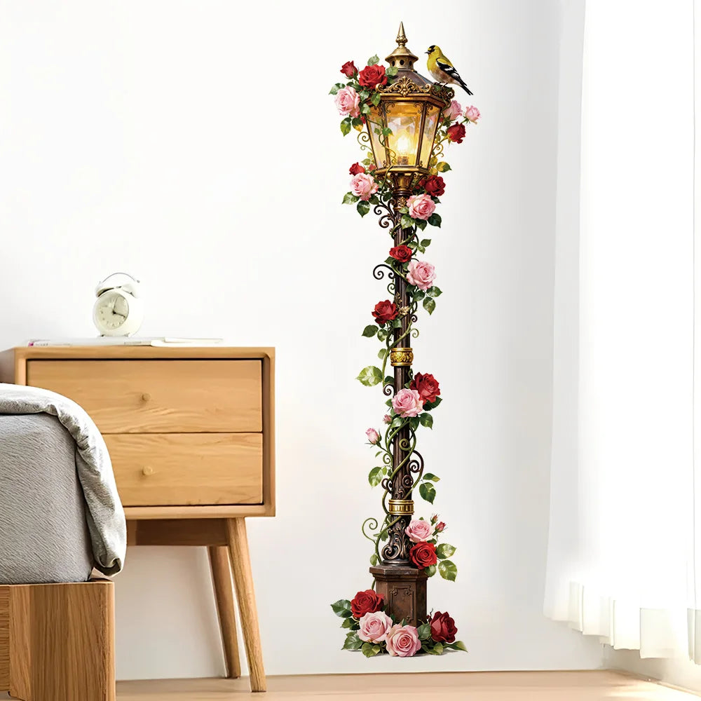 autocollants muraux vintage fleurs roses oiseau romantique doré rose rouge vert adhésif