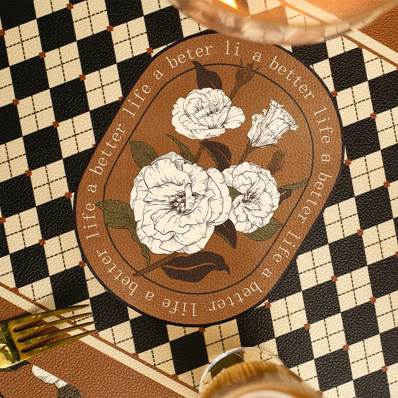 tapis table classique vintage noir blanc marron motif floral roses texte better life résistant