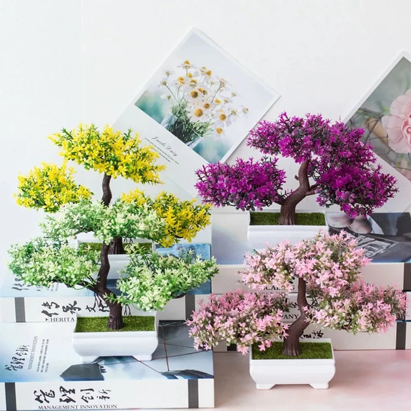 bonsaï artificiel violet vert orange rose feuilles fines tronc épais classique mousse verte pot