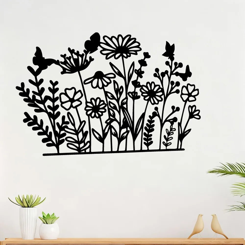décoration murale plaque noir fleurs papillons feuilles intempéries extérieur intérieur bohème minimaliste métal 20x30cm