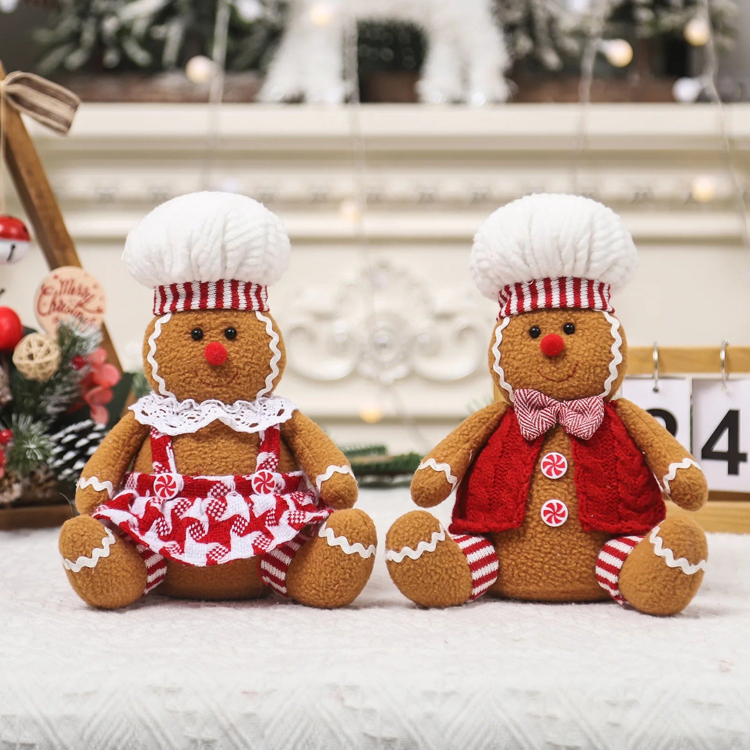 Grand couple bonhomme pain d'épice assis décoration Noël