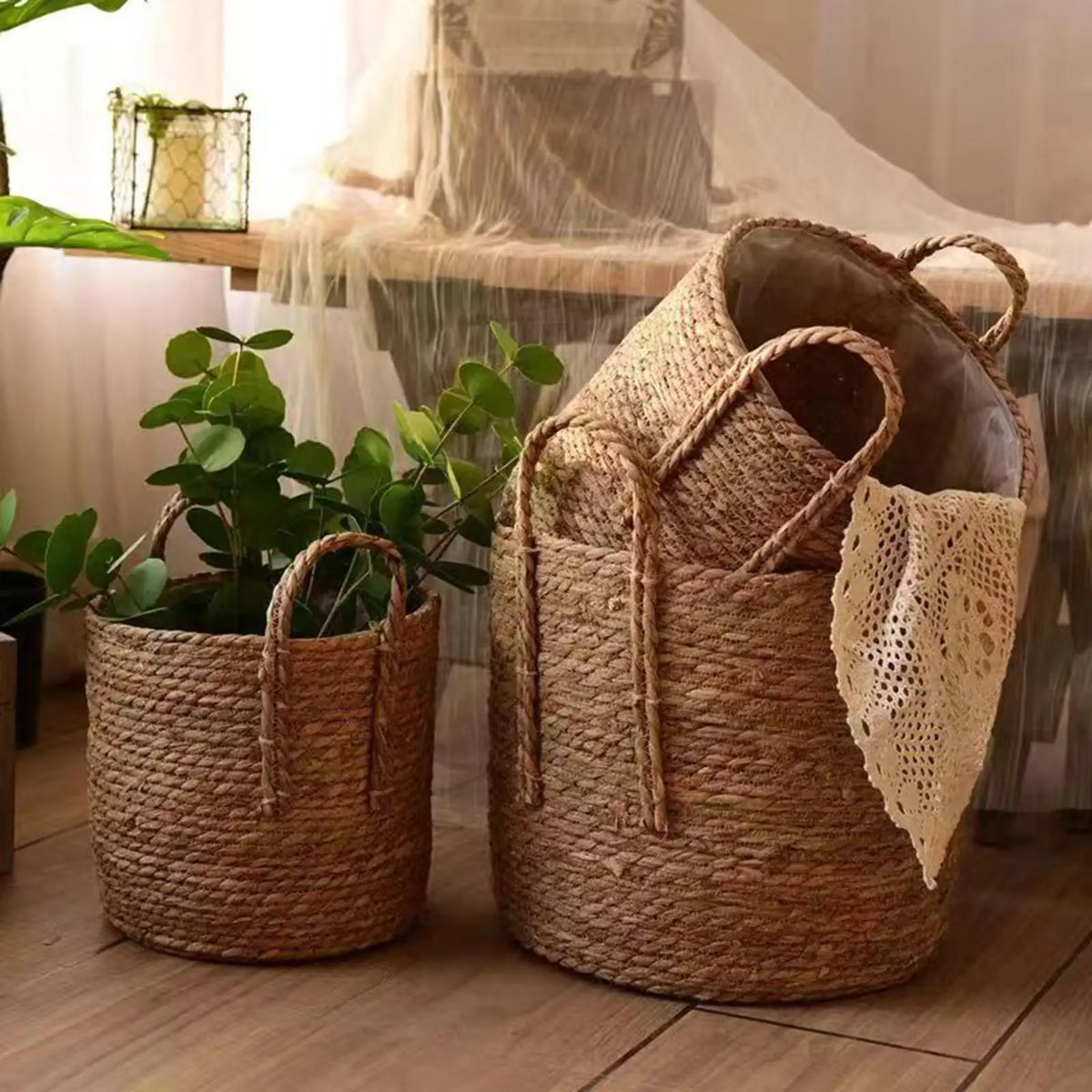 panier tissé main naturel rustique boho chic poignées anneaux salon chambre coucher farmhouse