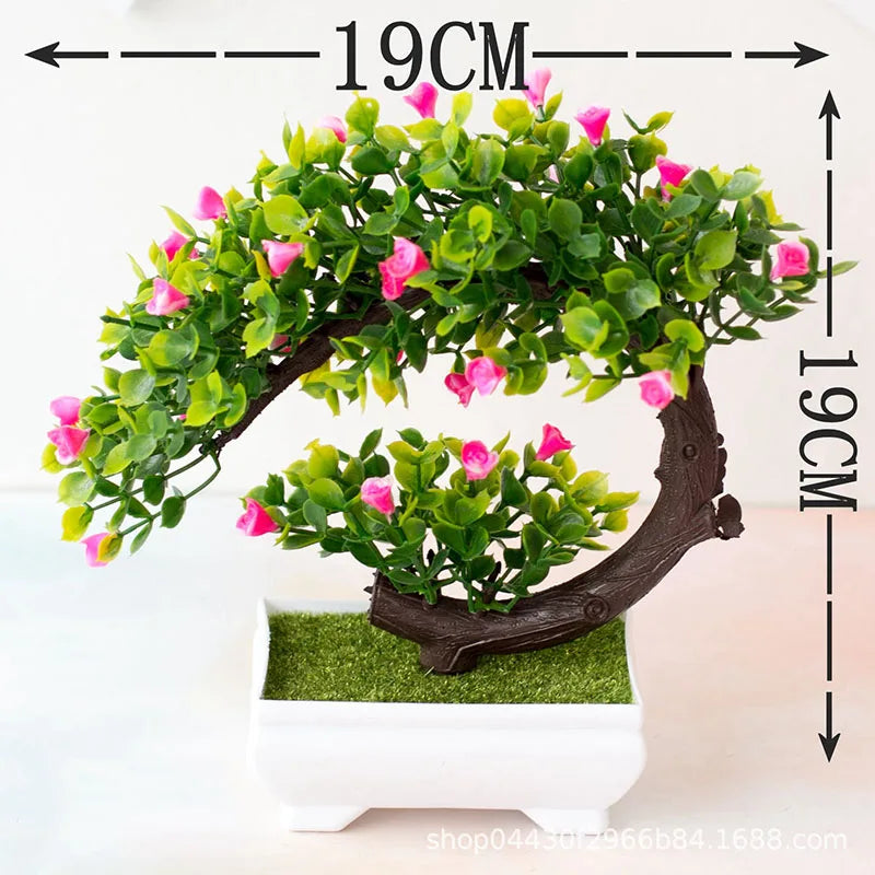 plantes artificielles bonsaï rouge vert rose fleurs simples feuilles fines pot gravier décoration extérieur