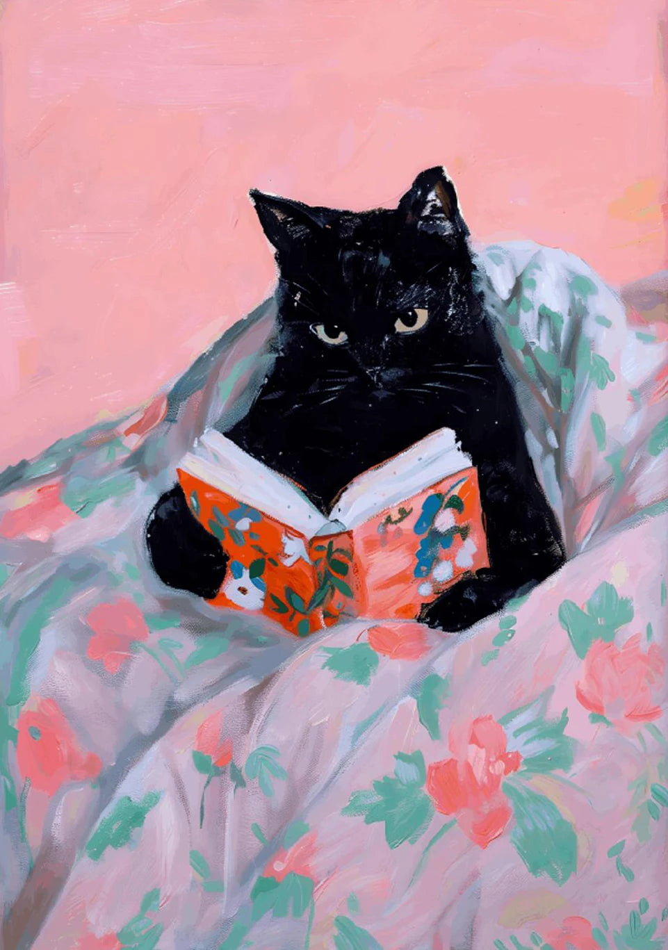 tableau peinture l'huile chat rose livre fleurs couverture couleurs classiques salon décoration