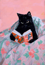 tableau peinture l'huile chat rose livre fleurs couverture couleurs classiques salon décoration