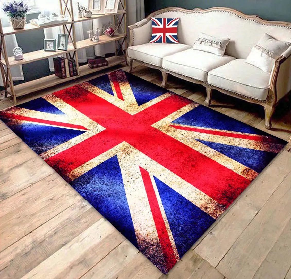 Un tapis stylisé aux couleurs du drapeau britannique agrémente ce salon moderne.