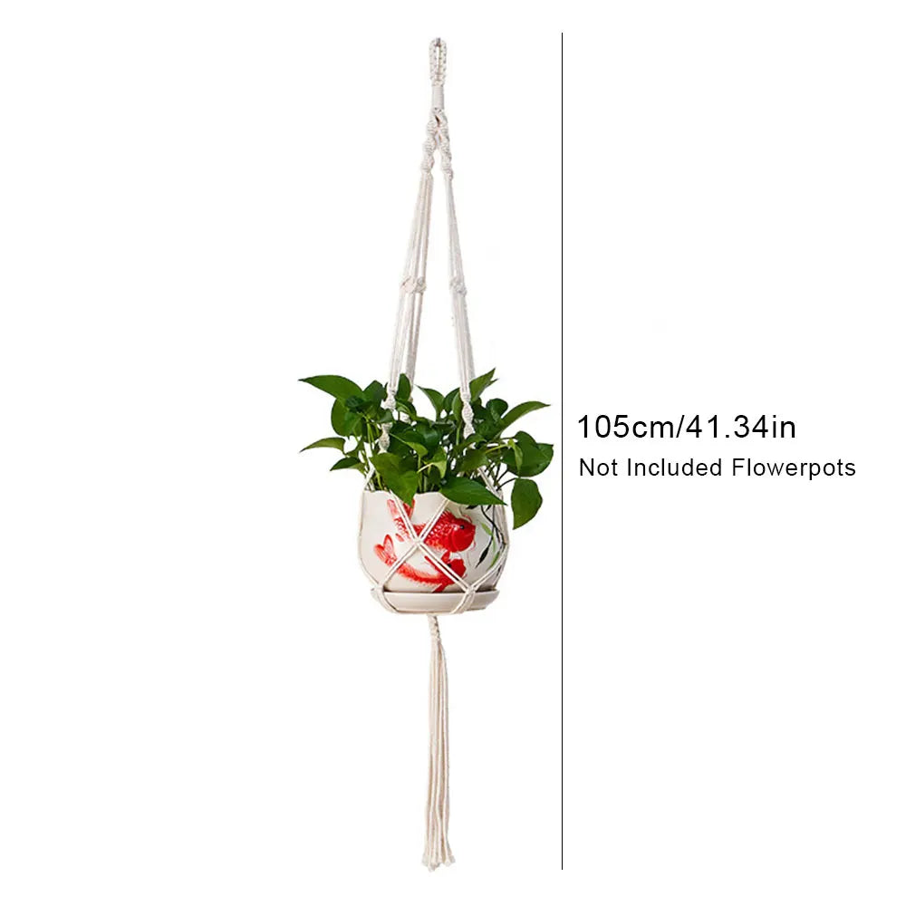 support plante suspendue corde tressée bois boho artisanal anneaux métalliques pot fleurs blanc base