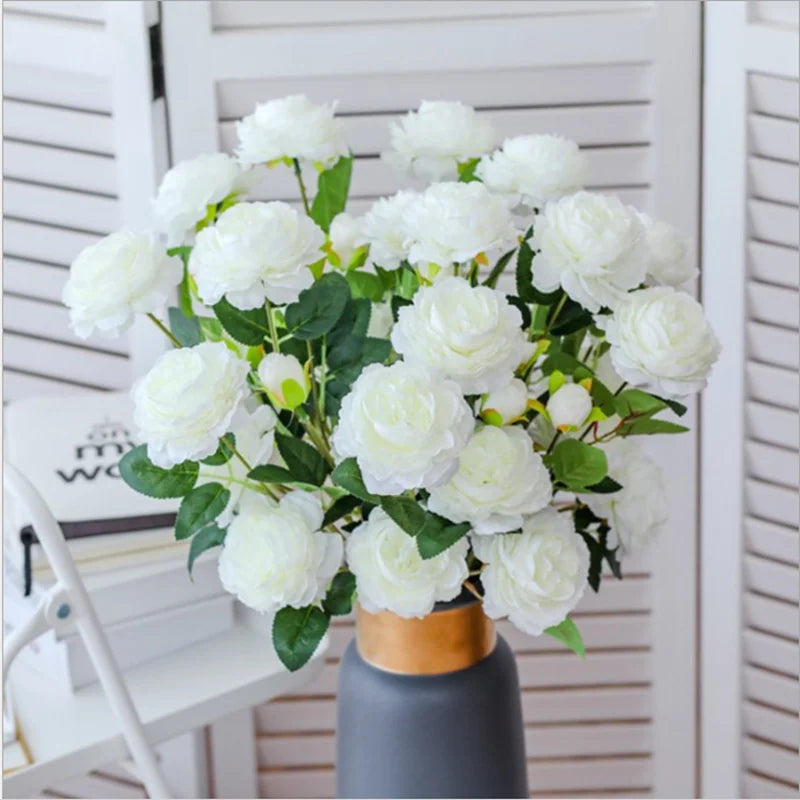 Bouquet artificiel roses feuilles vertes mariage décoration maison blanc rouge roseclair