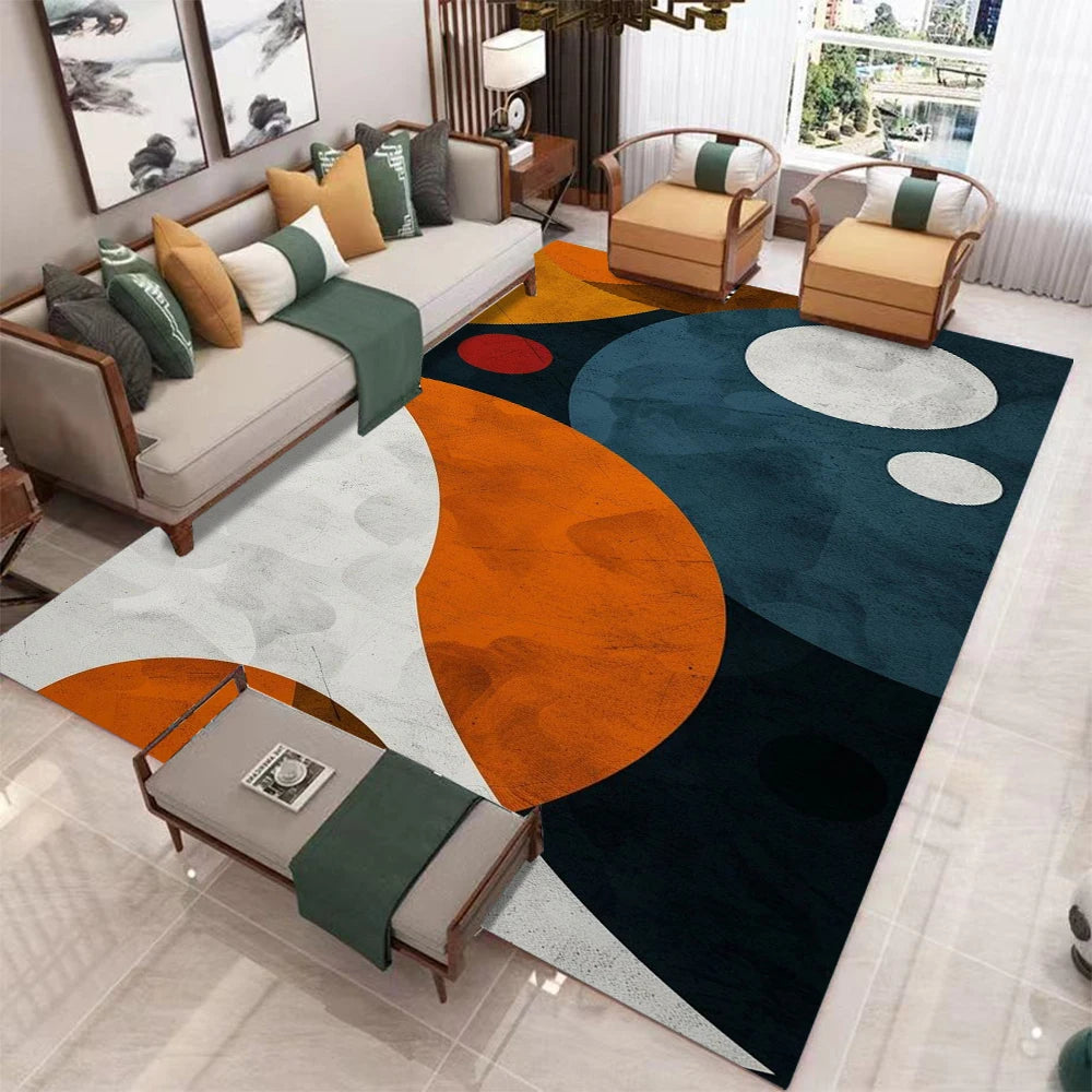 tapis abstrait géométrique moderne orange rouge noir gris vert contemporain minimaliste salon chambre