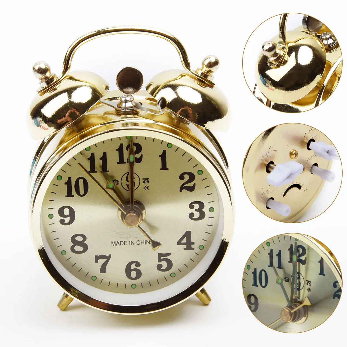 horloge alarme vintage dorée classique chiffres noirs points verts pieds métalliques