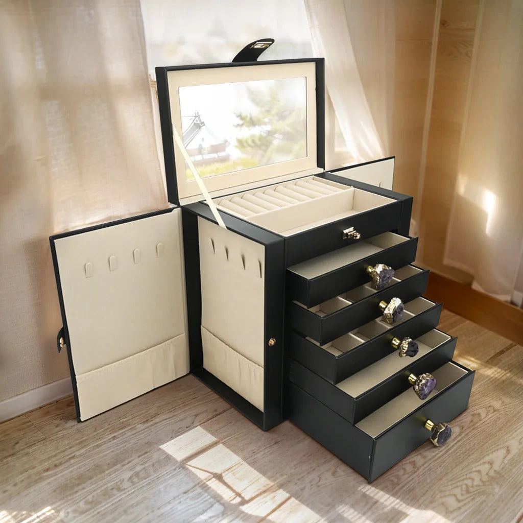 boîte bijoux simili cuir moderne noir rose blanc poignées métalliques rangements multiples velours intérieur