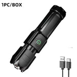 lampe torche led rechargeable usb zoom camping pêche extérieur étanche noire moderne