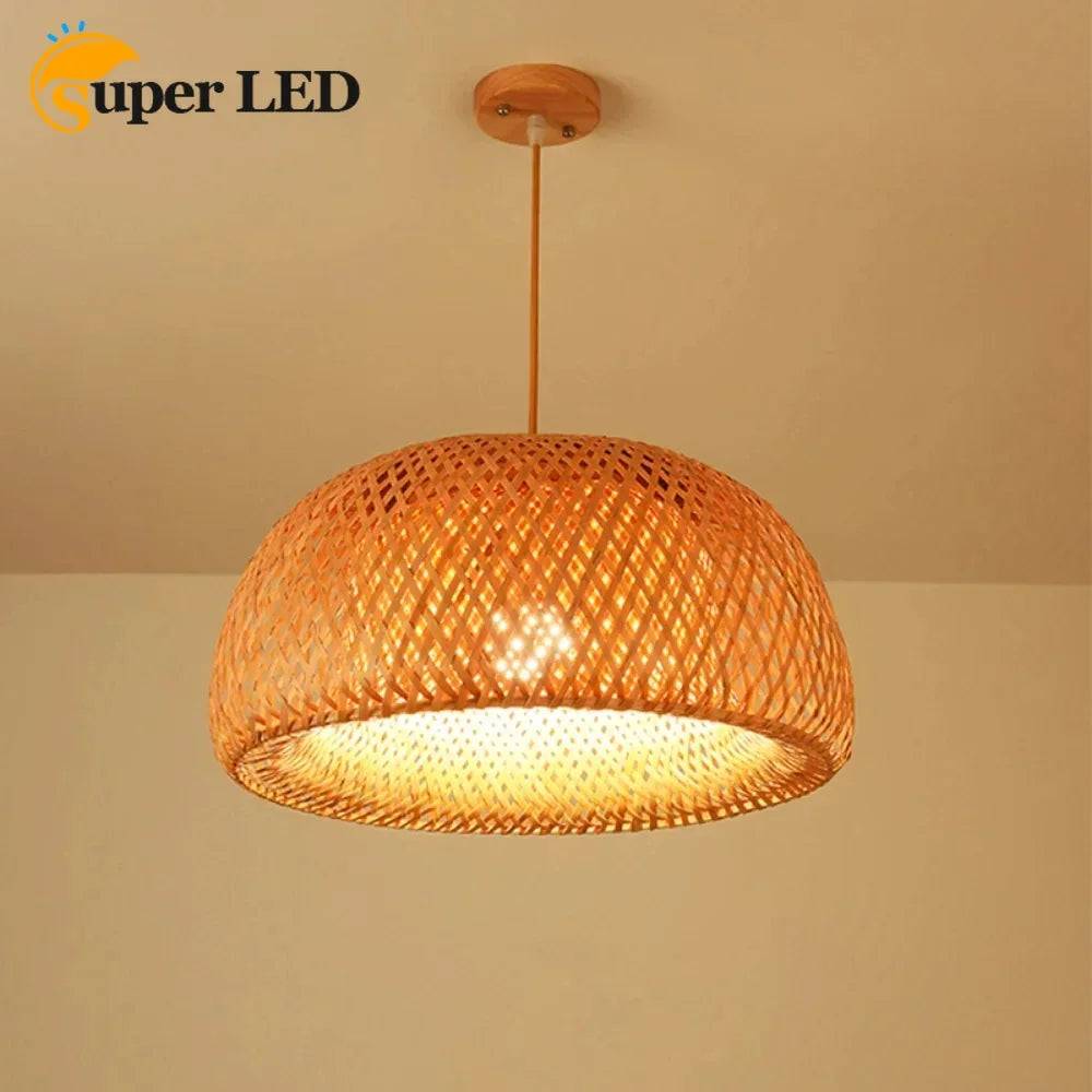 lampe suspendue marron clair tissage rotin moderne rustique câble noir