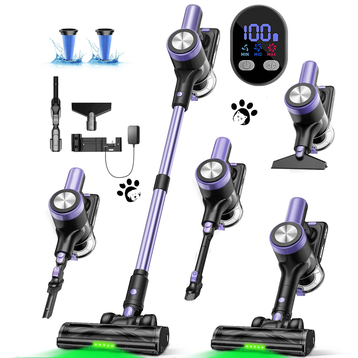aspirateur sans fil violet noir brosse multifonctionnelle batterie lithium led display tapis poils animaux