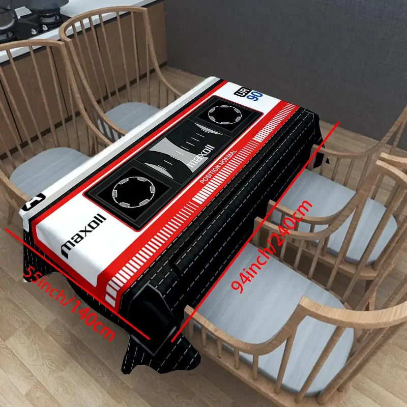 nappe rétro géométrique cassette audio noire blanche rouge table manger polyesterversible