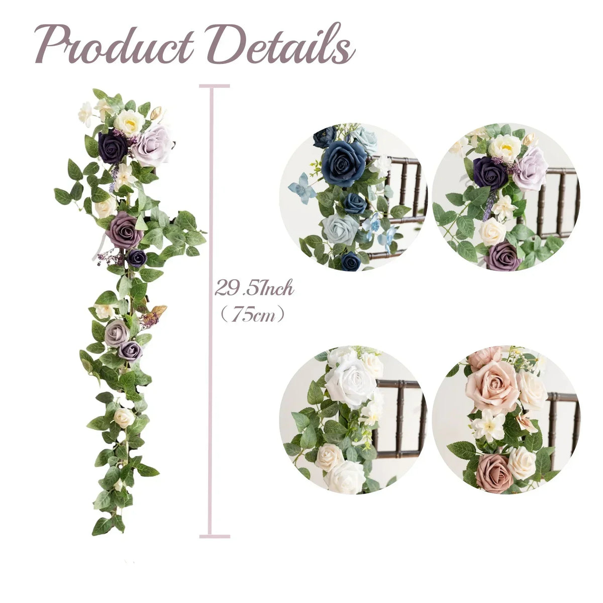 guirlandes florales artificielles roses feuilles vertes mariage romantique extérieur violet blanc bleu