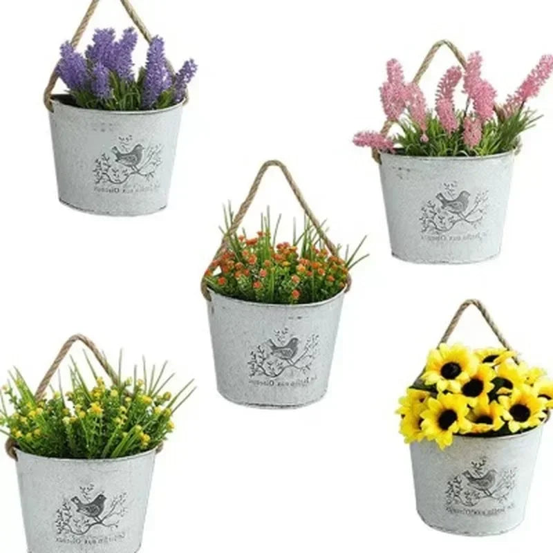 décoration murale pot suspendu blanc oiseau branches vintage rustique métal