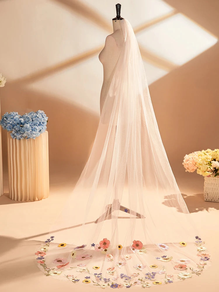 voile mariée rose clair fleurs colorées classique 230cm translucide bord appliqué