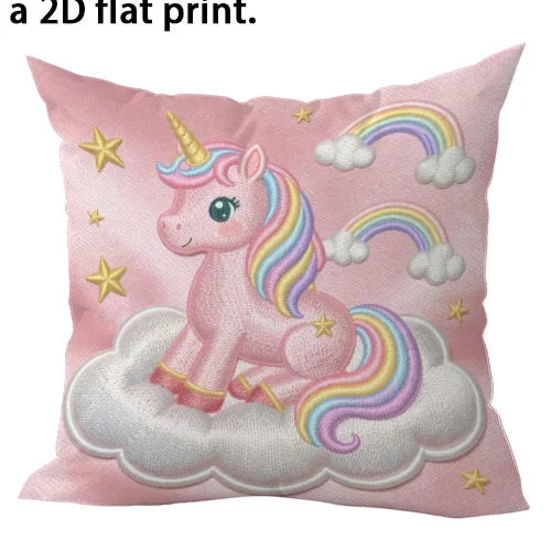 coussin licorne rose arc ciel nuages étoiles coeurs dessin animé zip invisible polyester coton