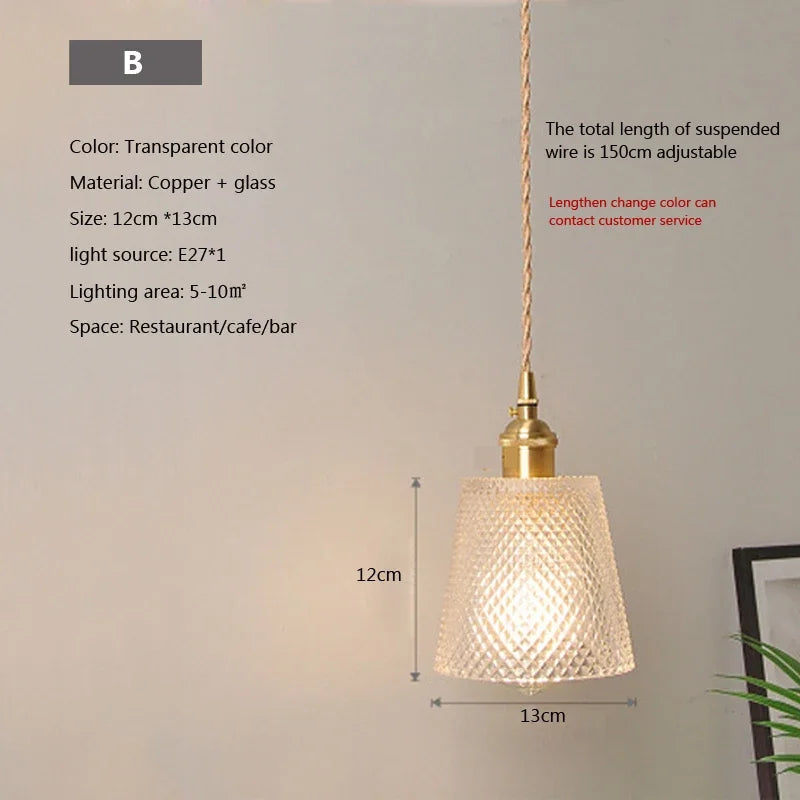 lampe suspendue transparente vintage ampoule E27 câble torsadé motifs géométriques chambre salon étude