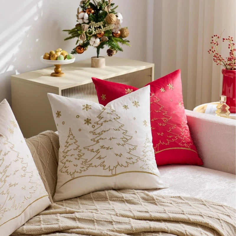 housse coussin brodée arbre noël moderne 45x45cm polyester coton velours rouge vert bleu gris
