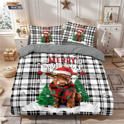 Parure de lit de Noël imprimée vache des Highlands à carreaux sur un lit