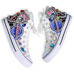 chaussures sport femme toile blanches broderies strass badges printemps automne décontractées lacets PVC