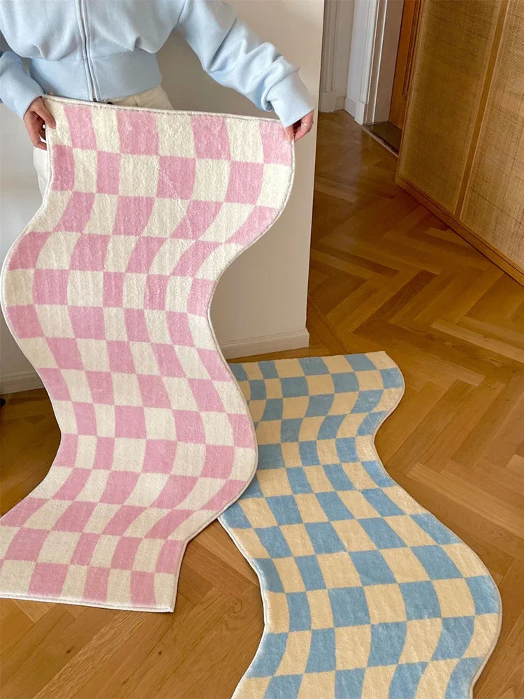 tapis ondulé checkerboard contemporain rose bleu duveteux antidérapant extérieur chambre
