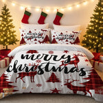ensemble literie noël cerfs motifs tartan blanc rouge noirversible couvre lit taies oreillers polyester
