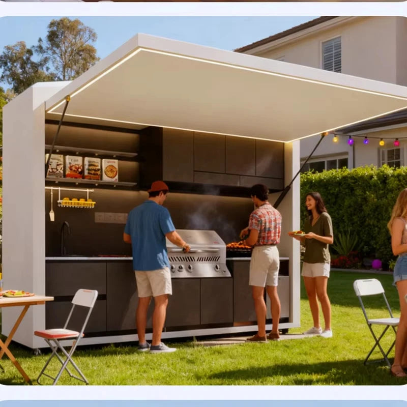 barbecue extérieur moderne aluminium noir gris évier thermomètre lumière rgb électro hydraulique double paroi