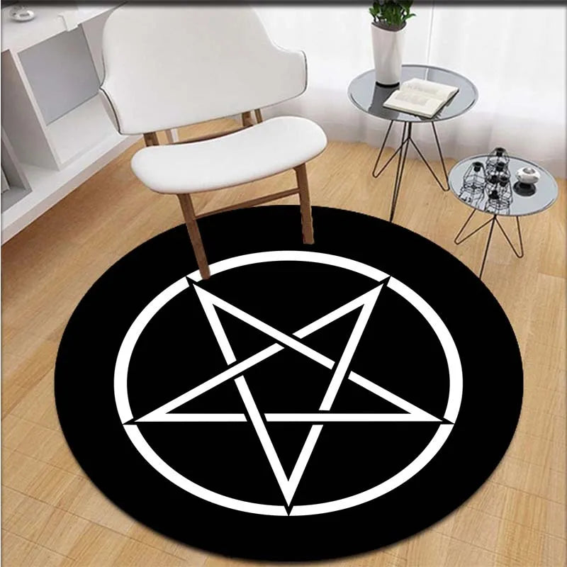 tapis rond noir pentagramme motifs floraux symboles moderne intérieur extérieur polyester PVC