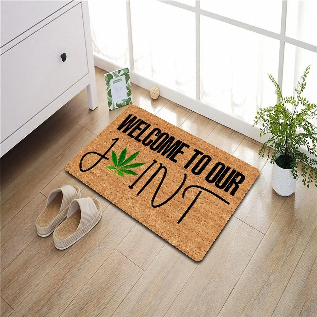 tapis d'entrée marron clair vert feuille cannabis antidérapant résistant intempéries moderne bienvenuextérieurintérieur