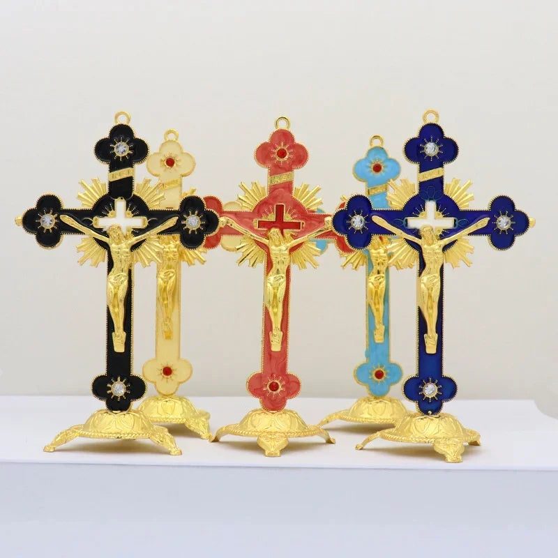 croix murale artisanale or rouge bleu décorative religieuse maison chambre prière fleurs solaires