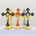 croix murale artisanale or rouge bleu décorative religieuse maison chambre prière fleurs solaires