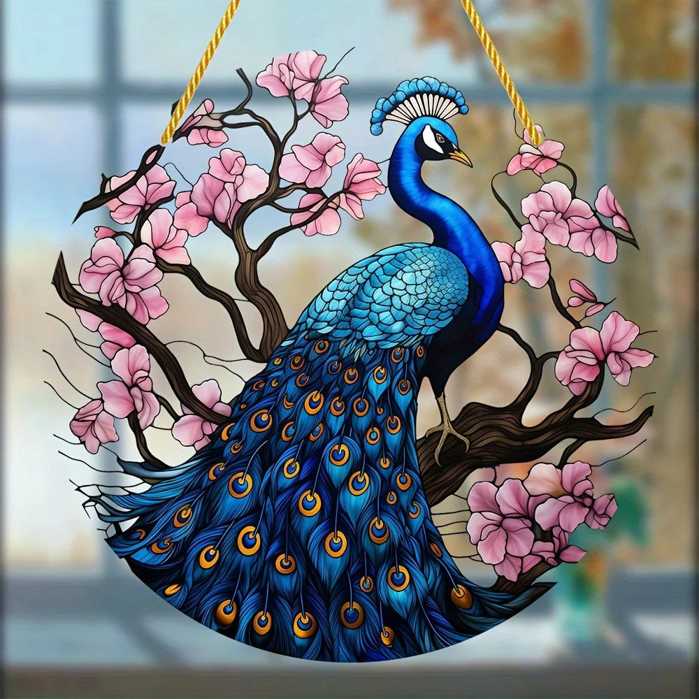 décoration suspendue paon plumes fleurs cerisier acrylique semi transparent artistique floralextérieurintérieur
