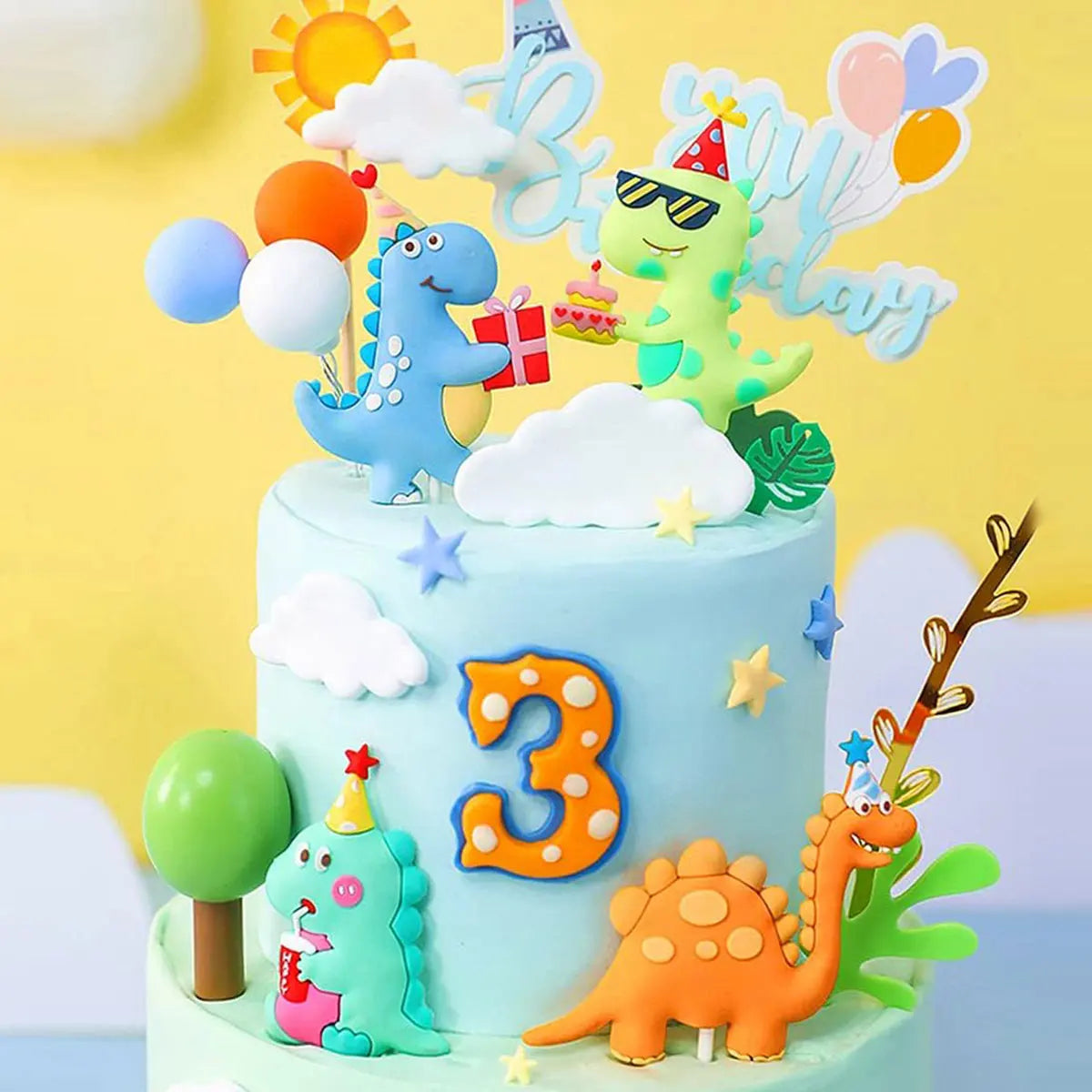 décoration anniversaire figurines dinosaures chapeaux ballons accessoires cartoon piques orange bleu vert