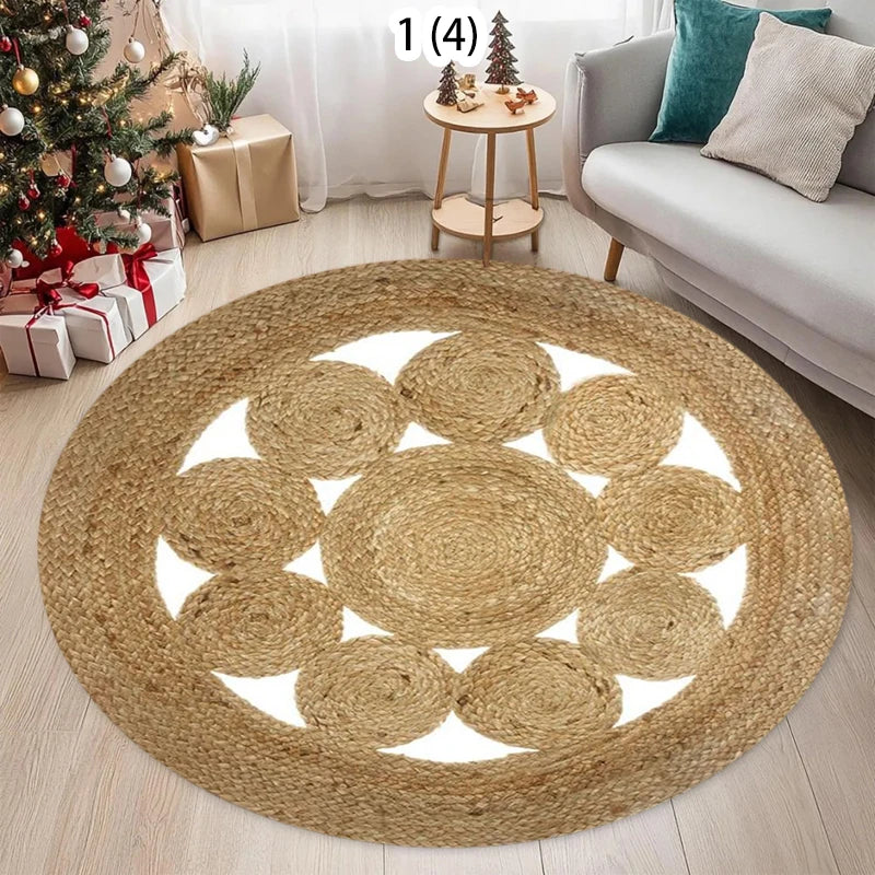 tapis boho naturel tissé motifs géométriques spirale concentrique adhésif salon chambre 80x80cm 120x120cm