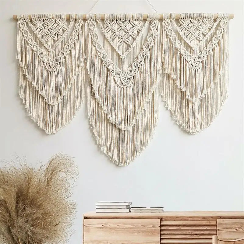 rideau macramé boho chic franges motifs géométriques beige clair lavage main